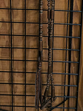 Load image into Gallery viewer, Santa Ynez Romal Reins 36 plait triple strands Brown/ Black and Natural Accents 110”