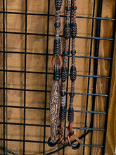 Load image into Gallery viewer, 110" Romal Reins 30 plait California Style Rust Color with Natural/Black Accents.