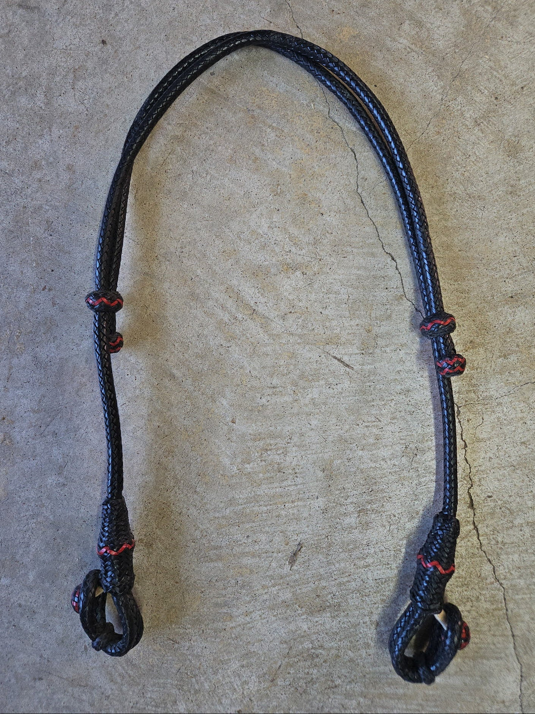 16 Plait Rawhide Bosal Hanger Black with Red Accents Friction Slide Adjustment