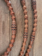 Load image into Gallery viewer, Romal Reins 16 Plait 110” GM Pattern Carmel Color with Black Accents