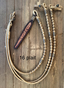 Rênes Romal Showman En Cuir Brut - Tressé Souple Naturel, Boucles Bronze Sarcelle