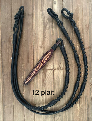 Genuine Kangaroo Romal Reins 12 Plait GM Pattern Black Weighted ON ORDER