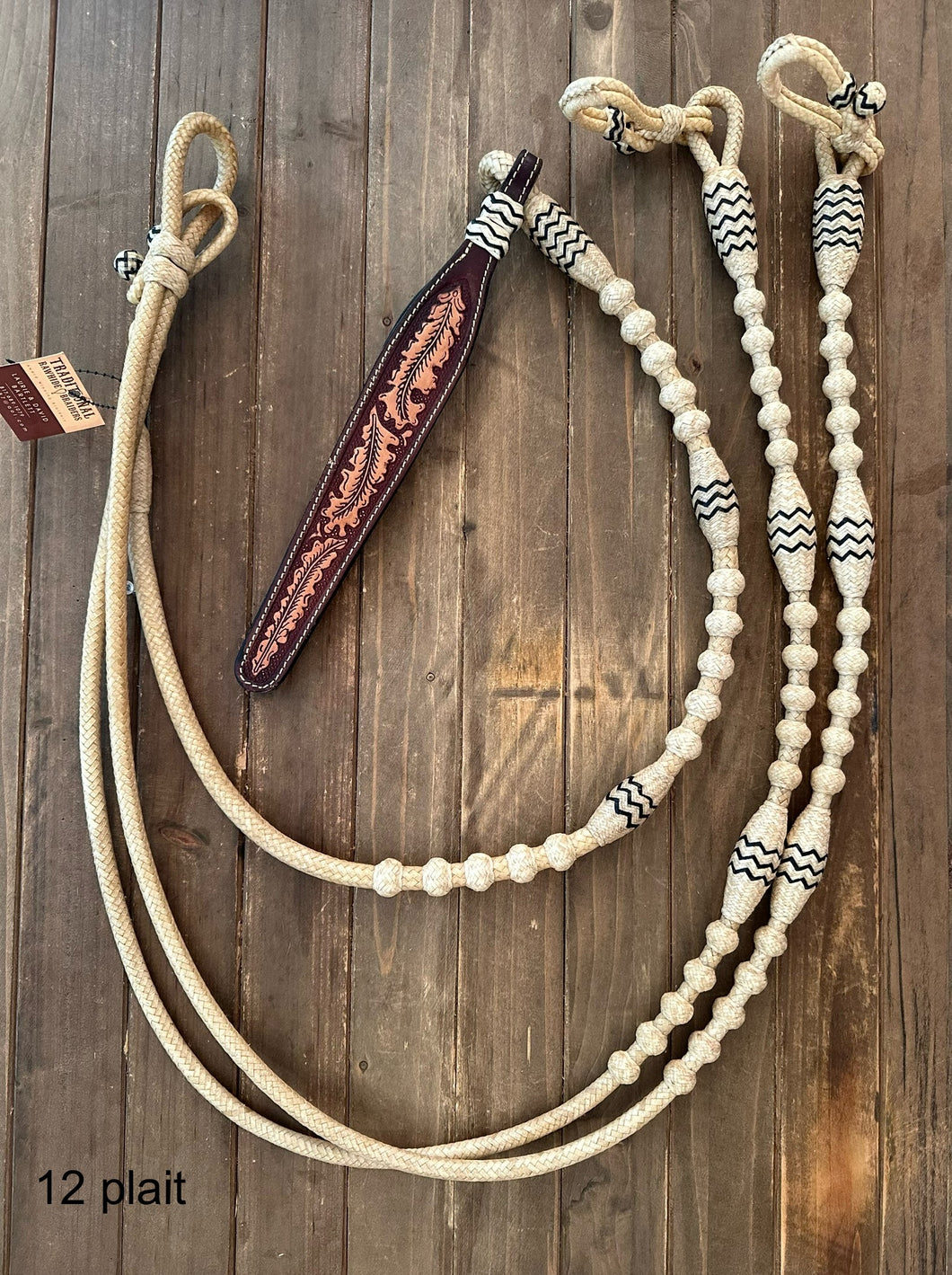 Romal Reins 12 Plait Cow Hide GM Pattern Natural with Black Accents