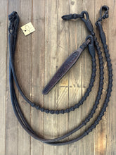 Load image into Gallery viewer, Romal Reins 16 plait Kangaroo Dark Chocolate Brown 110” 60 Button Pattern Bk16