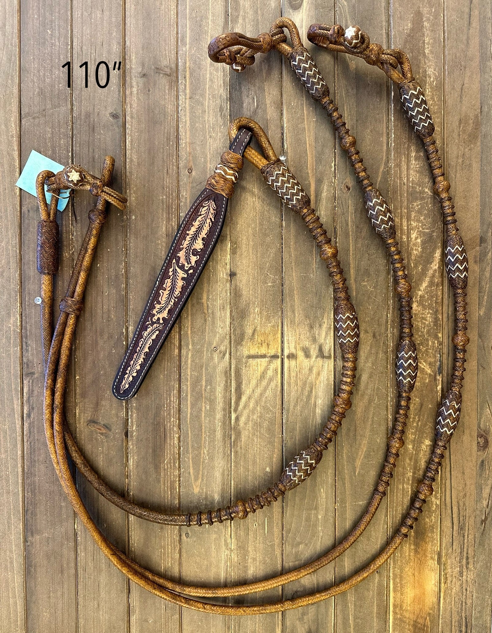 Rênes Rawhide Romel Style Californien - 48 Pieds - Corps Chocolat, 12 Tresses Naturel
