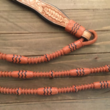Load image into Gallery viewer, Romal Reins 16 plait 110” Kangaroo Saddle Tan CA style with blk accents XXXX