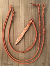Load image into Gallery viewer, Romal Reins 16 plait 110” Kangaroo Saddle Tan CA style with blk accents XXXX